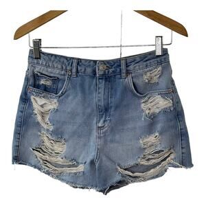 TopShop Moto Mom Light Rinse Distressed Denim Shorts Cut-Off High Waist Sz  10